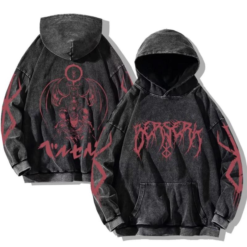 Harajuku Аниме Berserk Guts Print Hooded Men Women Vintage Manga Hoodies Plus Size Streetwear Male Cotton Classic Sweatshirt