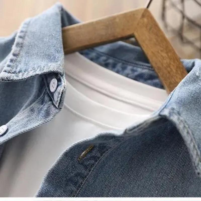 Джинсовая рубашка для мальчиков. Детское тонкое пальто с лацканами. Рубашка с длинными рукавами.