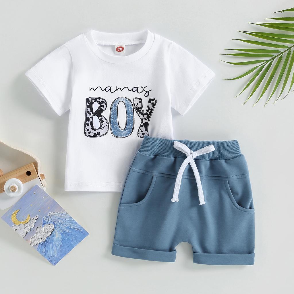 Baby Boys Shorts Set, Short Sleeve Cartoon Bear Print T-shirt with Elastic Waist Shorts Summer Outfit