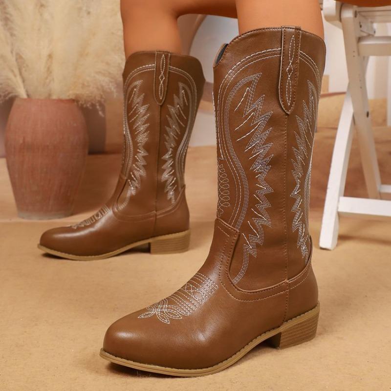 Женские осенние замшевые ковбойские сапоги в западном стиле - высокий каблук, вышивка, ретро, модные