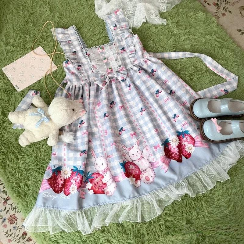 Японское платье Лолиты для девочек, Клубничный кролик, Jsk, женские платья в стиле Харадзюку, милое платье без рукавов для косплея, платье для косплея