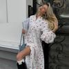 Women High Waist Stand Collar Long Sleeve Ankle Length Slip Dress with Heart Print Elegant Fashion