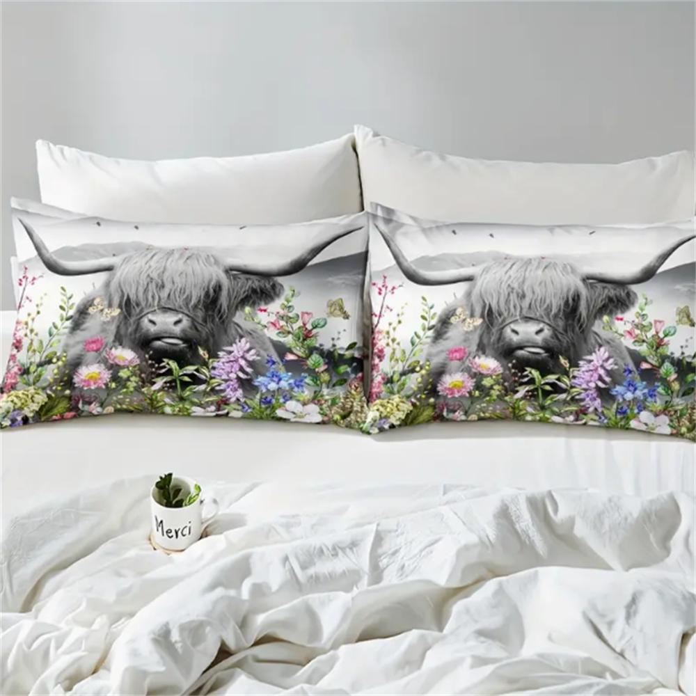 Пододеяльник с шотландской коровой, Акварельные цветы Животные Растения Постельный комплект 2/3 шт. для женщин мужчин взрослых Декор комнаты, Модный