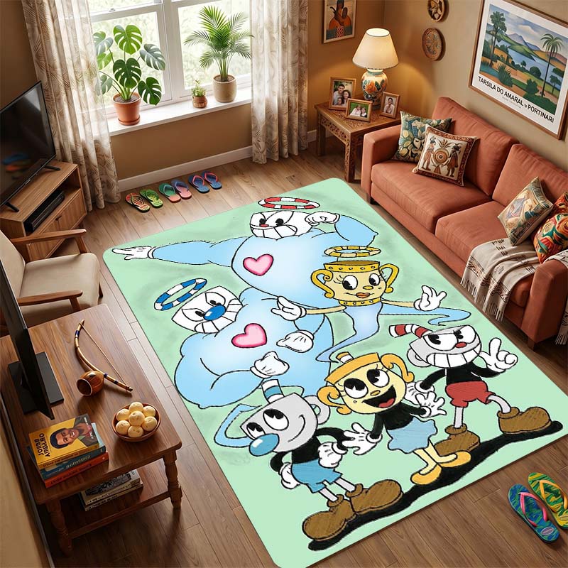The Art of Cuphead Area Rug, Non-Slip Floor Mat with Retro Cartoon Print, Durable Carpet for Living Room, Bedroom, Kids Playroom, Great Gift for Fans