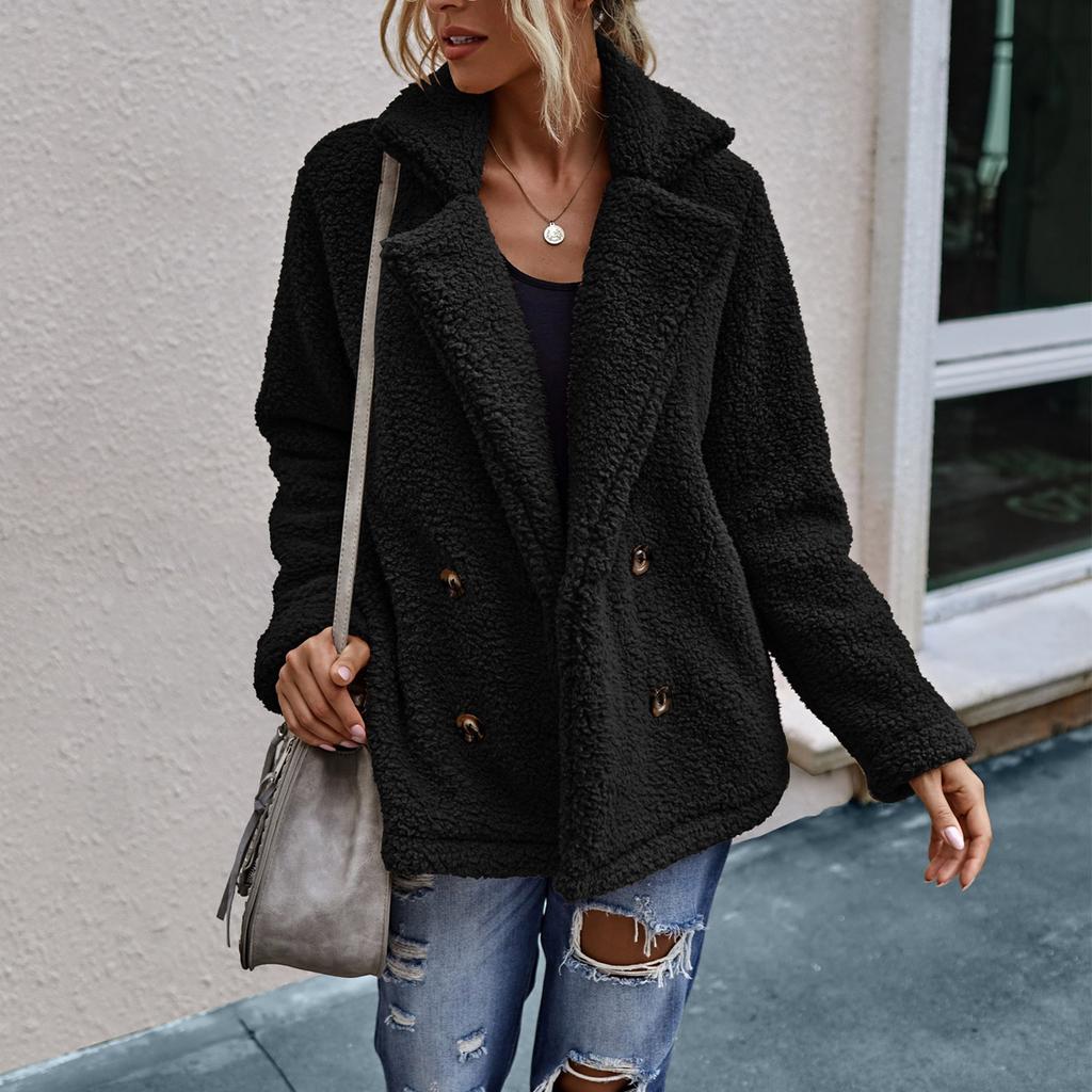 Женская куртка с длинными рукавами, зимнее плюшевое пальто с лацканами и двойной пуговицей