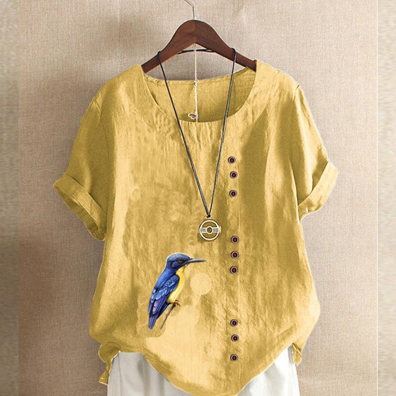 Women's Fashion Bird Prined Round Neck Short Sleeve T-shirt Casual Cotton Linen Graphic Shirt Leisure Loose Summer Blouse Tops
