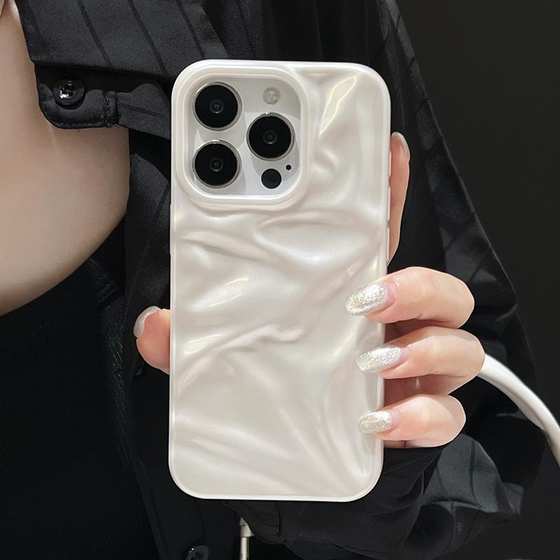 Кейс с текстурой складок Жемчужно-белый для iPhone 16 13 14 11 12 Pro Max 15 Plus Стильный Глянцевый Мягкий ТПУ Задняя крышка телефона