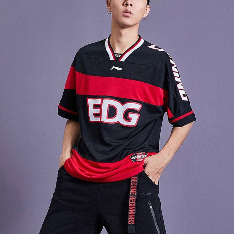 Футболка с коротким рукавом Li Ning Sports Fashion Series EDG Team Letter Print Color Block, мужские топы, черные AHSP925-1