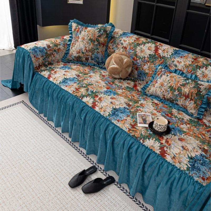 Harvest-Season Versatile Chenille Cloth Chilling Bloom Patterned Divan Couch Protector French-Inspired Ruffled-Design Border-Trim Topper