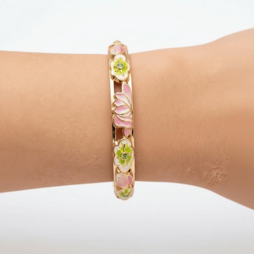 Gold Plated Enamel Floral Bangle Chinese Style Cloisonne Bangle Women's Flower Bracelet Ladies