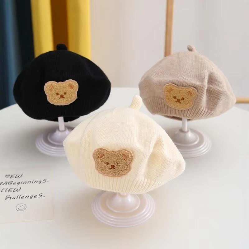 Зимний вязаный берет для малыша, милая мультяшная шапка художника с медведем для младенца, осенне-зимняя теплая шерстяная детская шапка художника