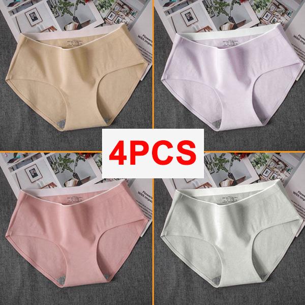 WTEMPO 4Pcs/Set Girl's Mid Waist Breathable Seamless Cotton Underpants Women's All-match Solid Color Large Size Causal Soft Briefs