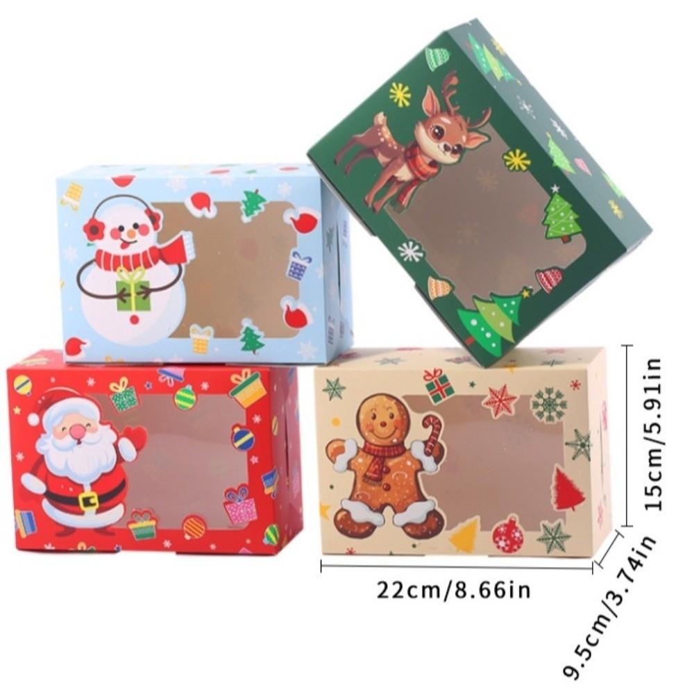 4pcs With Window Christmas Gift Boxes Snowman Design Opening Candy Packaging Bakery Boxes Gingerbread Theme Paper Box