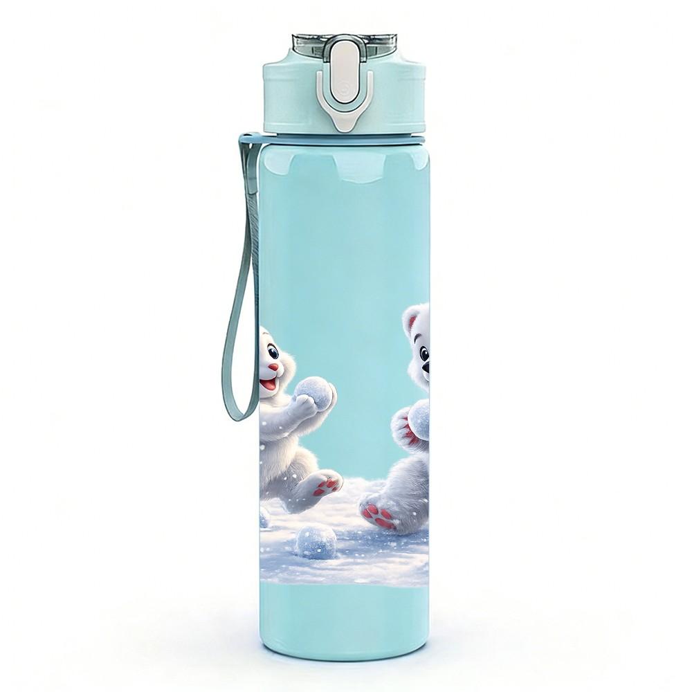1PC Rabbit And Bear On Ice Snow Scene Print 750ml Color Plastic Sports Water Bottle Leakproof Flip Straw Lid Suitable for Sports Office Home Use