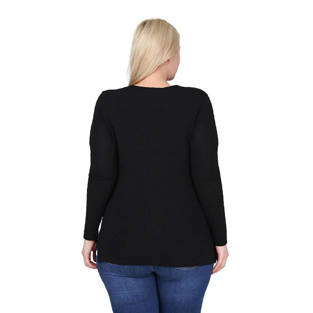 Fierte Женская блузка большого размера Rg6800 Круглый воротник с каменными деталями и длинными рукавами Тонкий трикотаж Черный