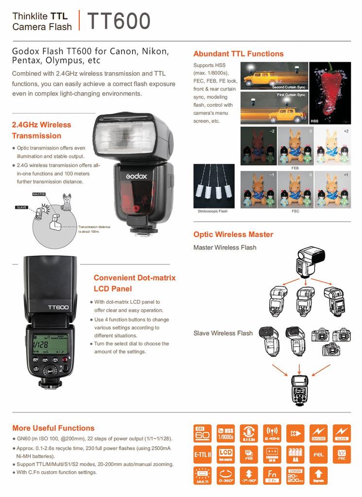 Беспроводная вспышка Godox TT600 Speedlite совместима с другими цифровыми камерами со стандартным горячим башмаком и встроенной передачей 2.4G, Canon,