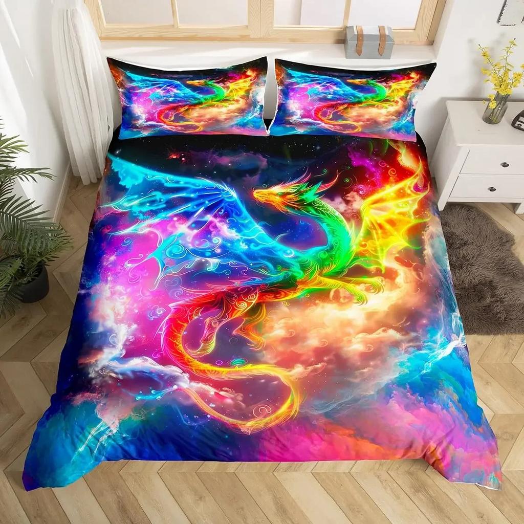 Magic Flying Dragon Duvet Cover Set Bright Colorful Fly Dragon Wildlife Kids Comforter Cover Outer Space Galaxy Men Bedding Set