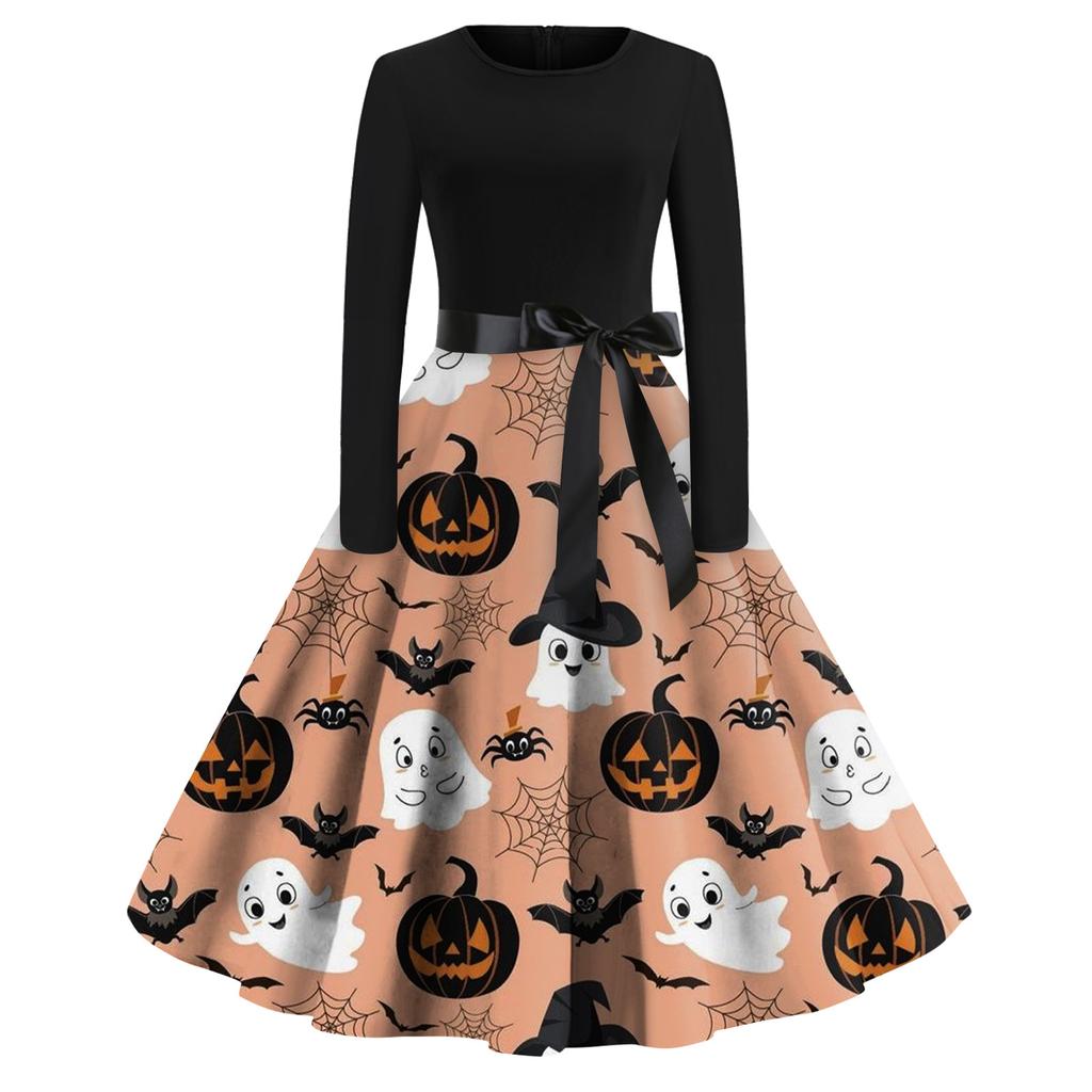 Women's Halloween Print Flare Dress For Women Long Sleeve Dress Party Casual Dresses