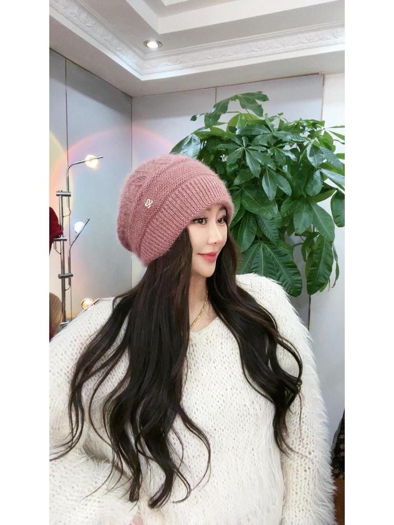 Двухслойная вязаная шерстяная шапка с большой окружностью головы и теплой подкладкой из толстого бархата