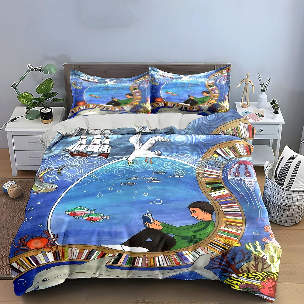 Underwater Reading Adventure Bedding Duvet Cover Set Duvet Cover Pillowcases (1*Duvet Cover 2*Pillowcases, without duvet insert)