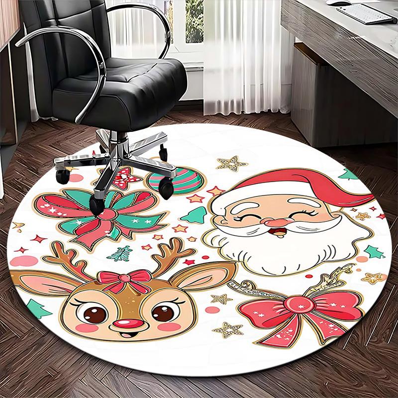 1pc Christmas Santa Claus & Reindeer Round Carpet Anime Cartoon Design, Holiday Gift, NonSlip Rug for Office Chair Mat, Home Decor, Living Room