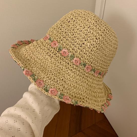 Women Straw Hat Hollow Out Fake Flower Decor Anti-UV Sun Protection Good Breathability Decorative Beach Cap Lady Outdoor Travel Hat