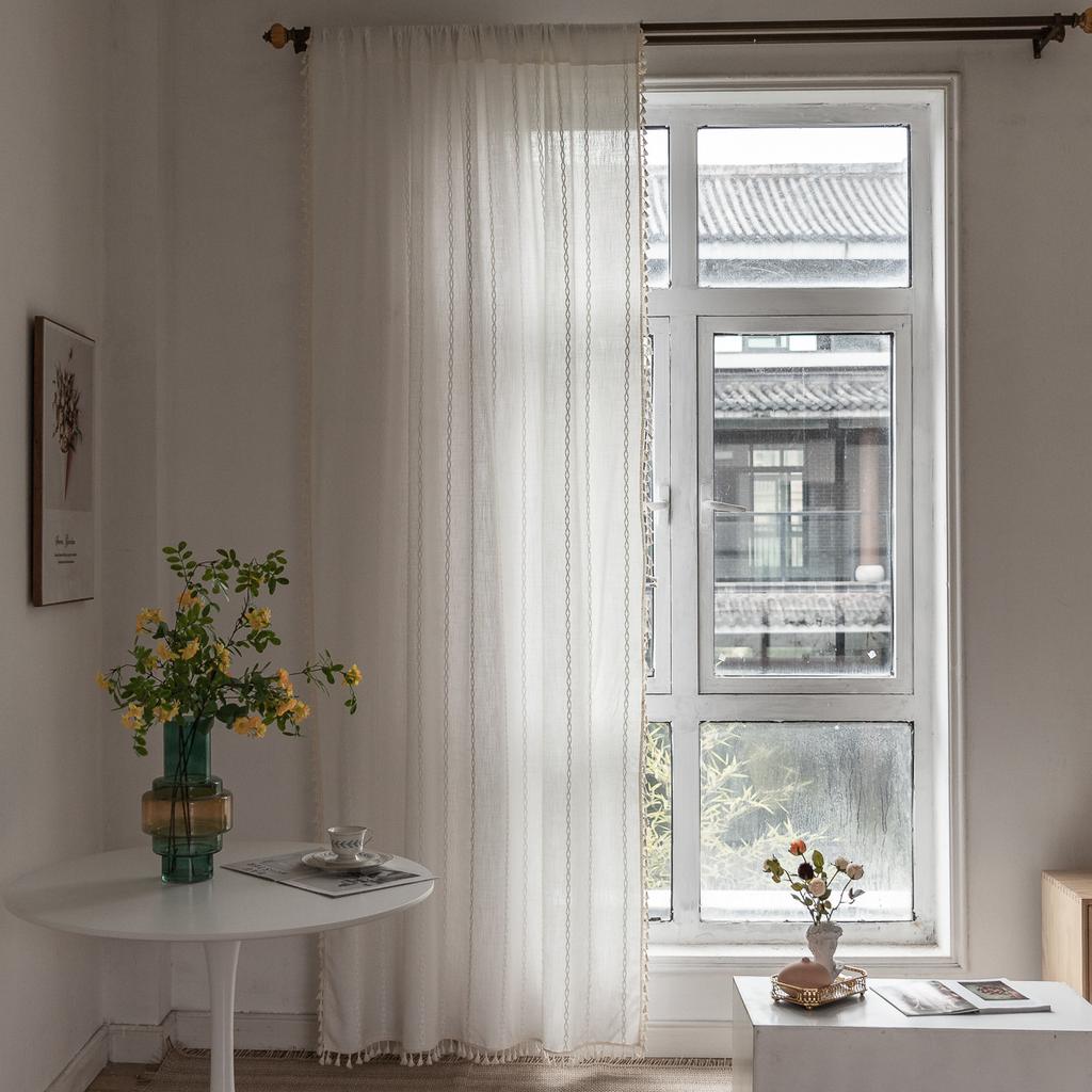 Hot Sale White Bohemian Curtains Farmhouse Living Room Bedroom Striped Embroidery Small Windows Kitchen Curtains Short Curtains