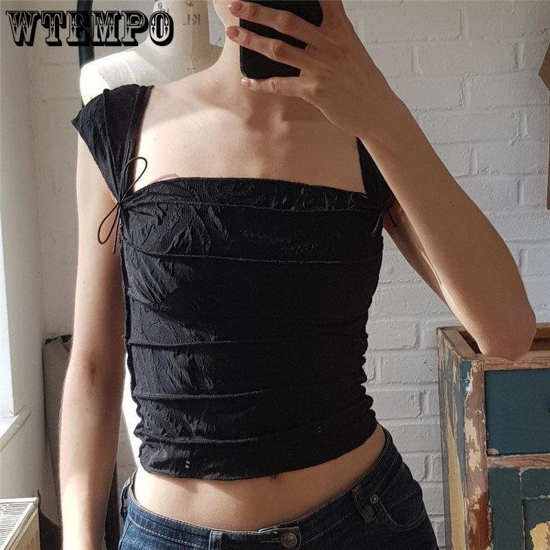 WTEMPO Y2K Folds Bow Cropped Tops Cute Square Collar Short Sleeve T-Shirt Retro Harajuku Basic French Tee Lady Elegant Chic Tops