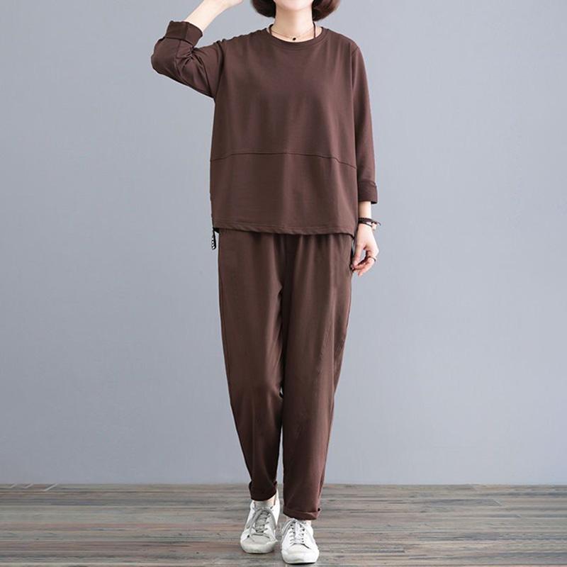 Suit Women Large Size Cotton Long-sleeved Shirt Pants Two-piece Round Neck Top and Longs Pants 2PC Suit