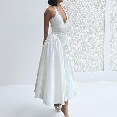 Весеннее однотонное сексуальное платье с глубоким V-образным вырезом и большим подолом для женщин