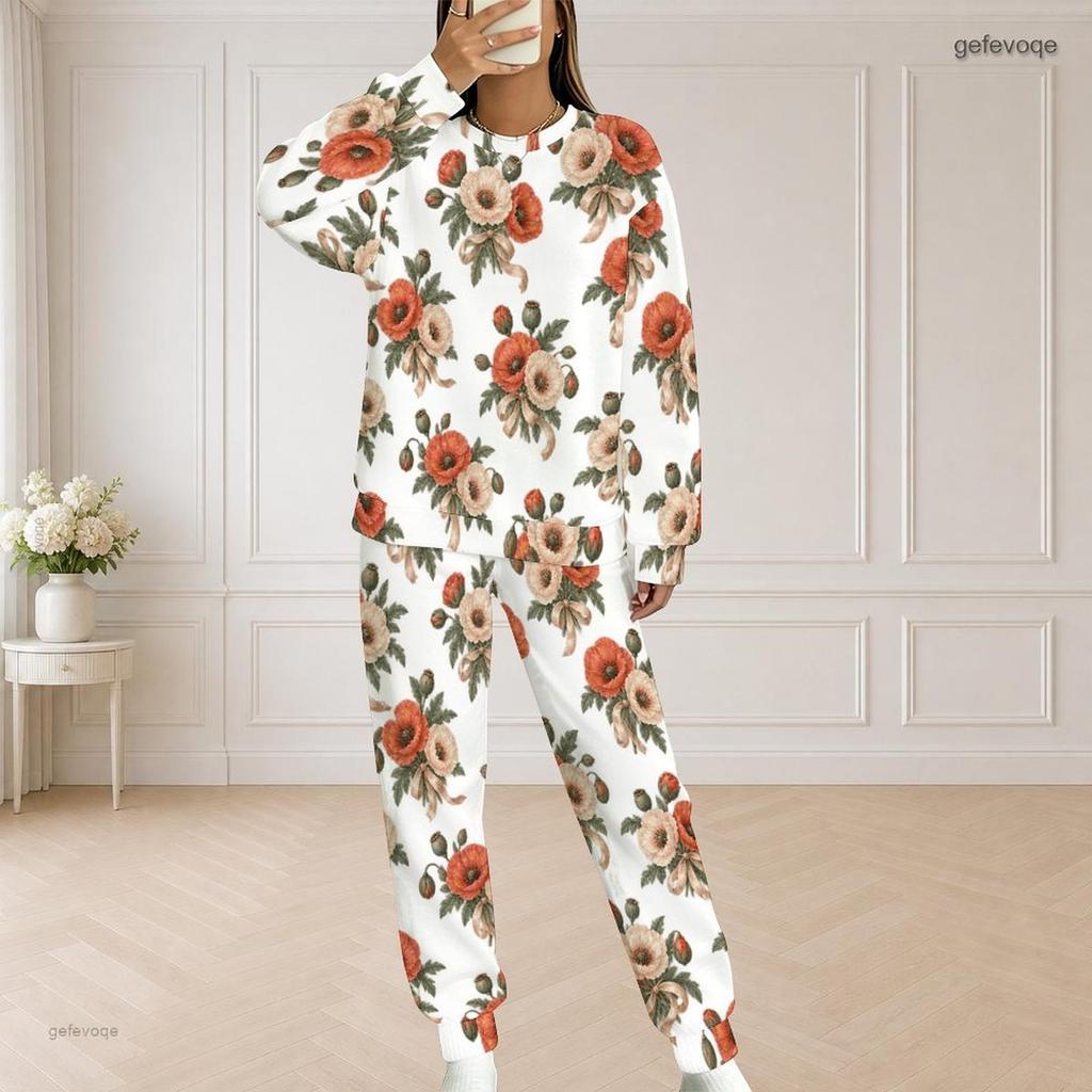 Women Plus Size White Floral Printed Two Piece Set Round Neck Long Sleeve Top And Long Pants