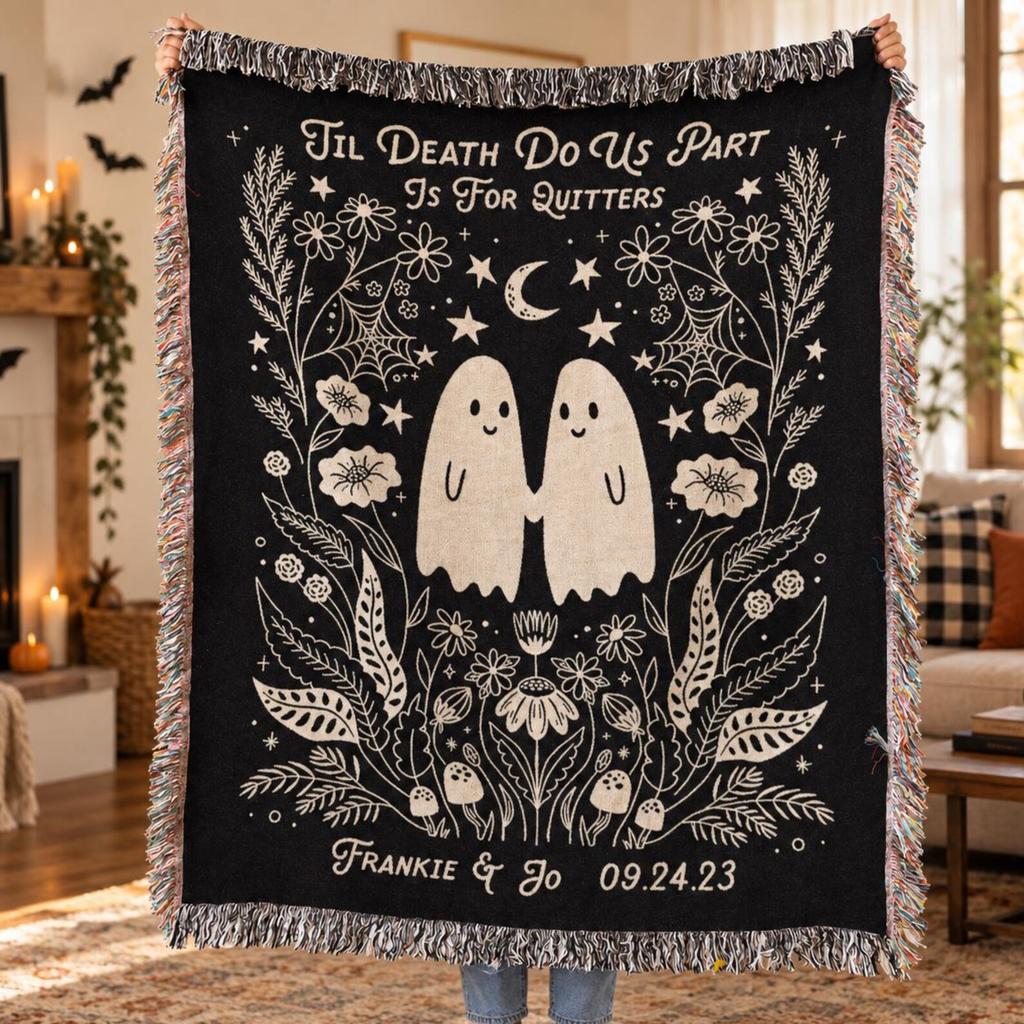 Personalized Ghost Couple Woven Blanket, Til Death Do Us Part Throw, Halloween Wedding & Anniversary Gift, Custom Gothic Blanket