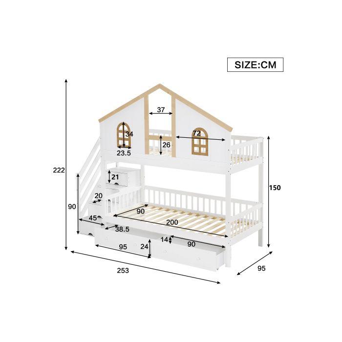 Lit superposé - MUVOE - 90x200 cm - Blanc et tons naturels - 2 tiroirs - Sécurité EN747