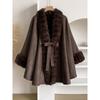 Womens Plus Size Faux Rabbit Fur Collar Knit Cardigan Cape Coat Winter Streetwear