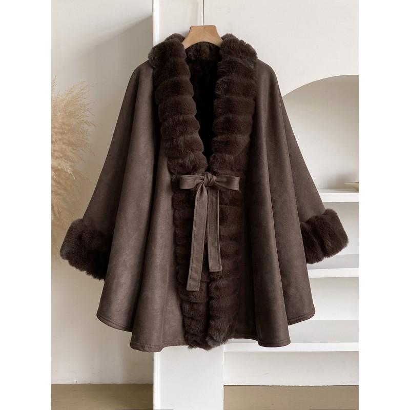Womens Plus Size Faux Rabbit Fur Collar Knit Cardigan Cape Coat Winter Streetwear