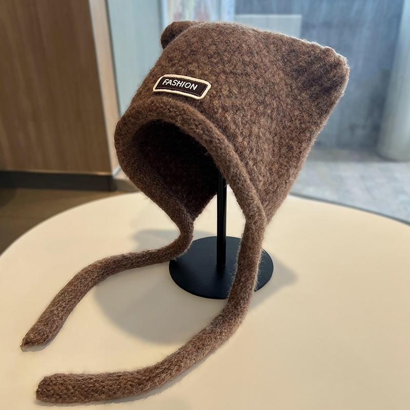 Autumn and Winter Knitted Hats for Girls Cute Ears Big Head Circumference Woolen Hat Warm Ear Protection Face Shaping Small Toe Cap