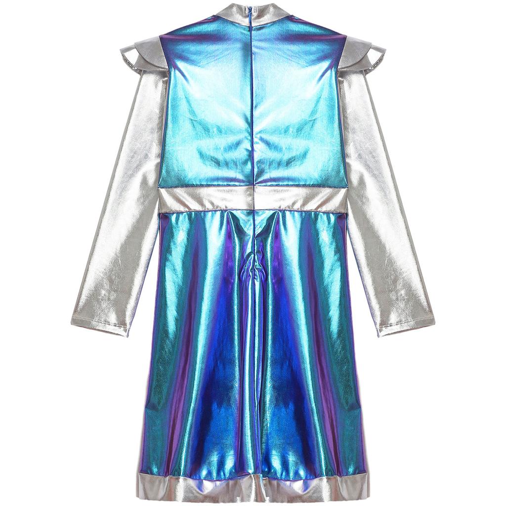 Костюм Космическая Милашка для Девочки: Мерцающее Пэчворк-платье с инопланетным дизайном из ПУ для Хэллоуина и Sci-Fi Ролевых Вечеринок