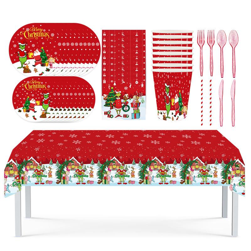 Spot Red Grinch Theme Party Set Paper Plate Paper Cup Paper Towel Tablecloth Disposable Decorative Supplies