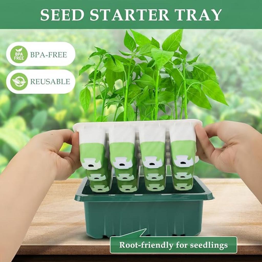 Flexible Silicone Designed Seedling Starter Trays, Seed Starter Tray, 12 Cells Indoor Seed Starter Kit, Germination Tray with Humidity Dome & Lids