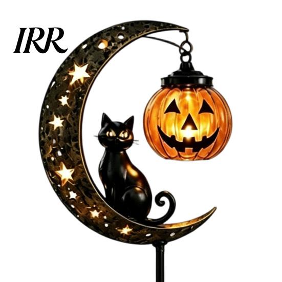 Retro Iron Crescent Moon Pumpkin Light Black Cat Halloween Stake Light, Solar Metal Lantern with LED Courtyard Decoration Warm Glow, Spooky Yard Decor