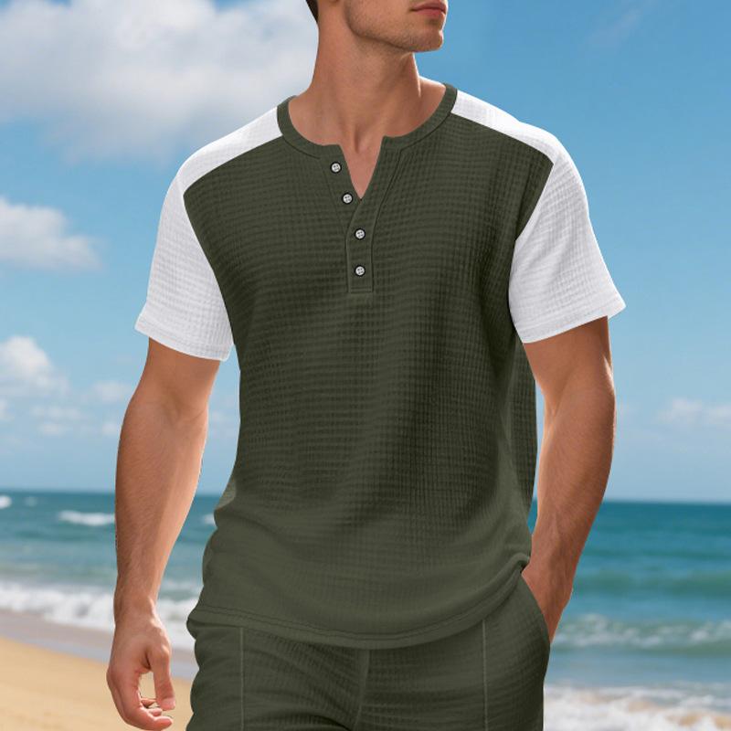 Модная летняя американская свободная мужская повседневная пляжная вафельная футболка с коротким рукавом, повседневный универсальный пуловер