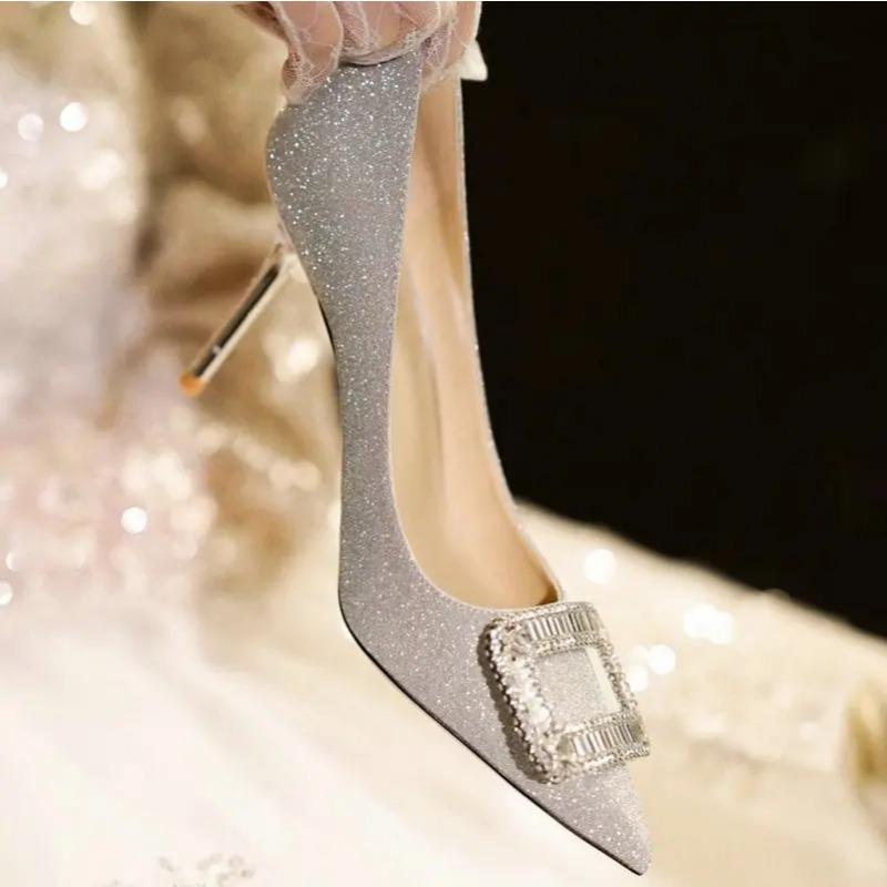 Свадебные туфли женские с заостренным ромбом и квадратной пряжкой темпераментные взрослые подарочные туфли одинарные свадебные туфли на высоком каблуке