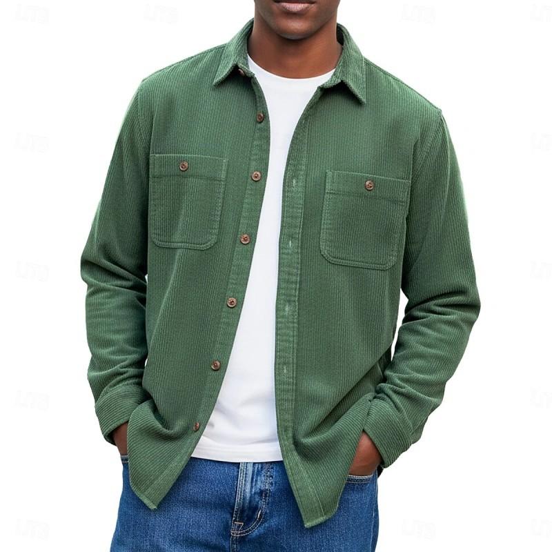 Осень Зима Мужская Однотонная Вельветовая Рубашка с Двойным Карманом на Пуговицах с Длинным Рукавом Повседневная