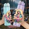1PC Floral Round Wreath Virgin Mary 750ml Color Plastic Water Bottle Leakproof Flip Straw Lid For Sports Office Home Use