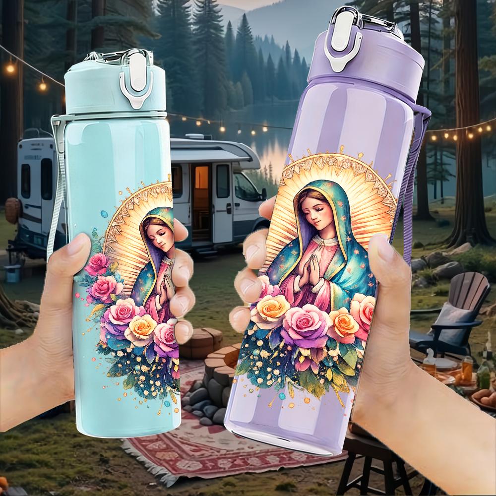 1PC Floral Round Wreath Virgin Mary 750ml Color Plastic Water Bottle Leakproof Flip Straw Lid For Sports Office Home Use