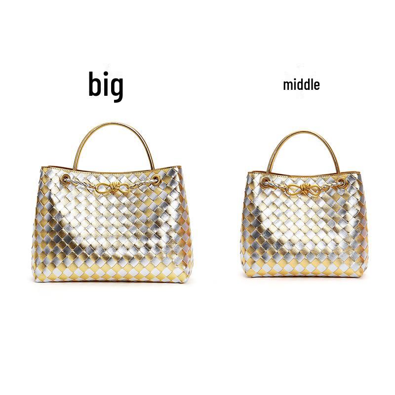 Модная плетеная сумка-тоут 2023 года: Золотая фурнитура, пряжка-веревка, ромбовидный дизайн, большая вместимость, сумка через плечо и через плечо для женщин