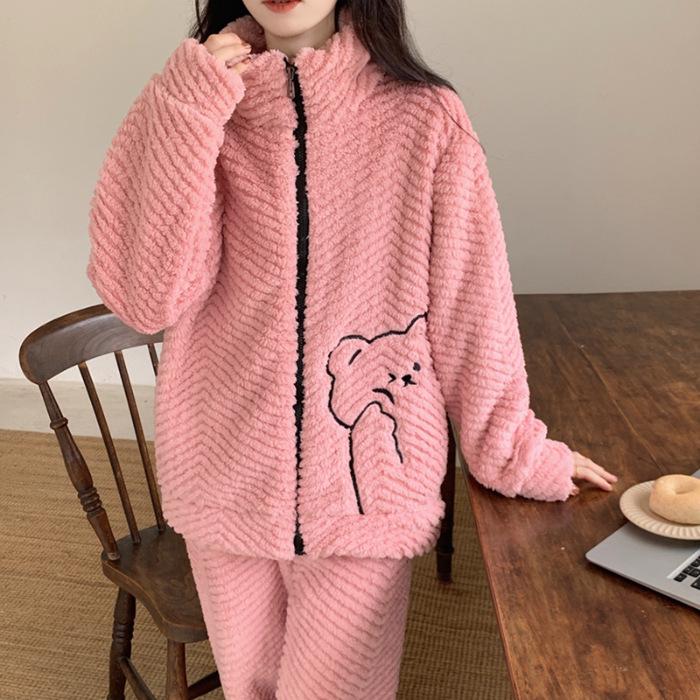 Women's Plush Zipper Pajamas - Autumn/Winter, Cute Stand Collar, Plus Size Coral Fleece Homewear