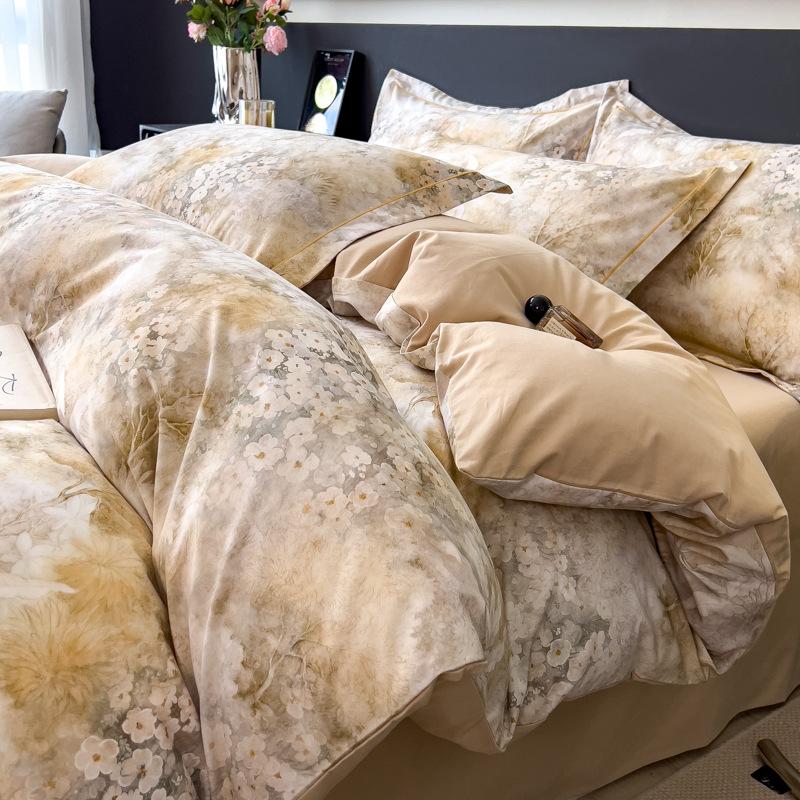 Autumn and winter thickened warm pure cotton polished four-piece set cotton Class A maternal and infant grade flower skin-friendly bed sheet quilt
