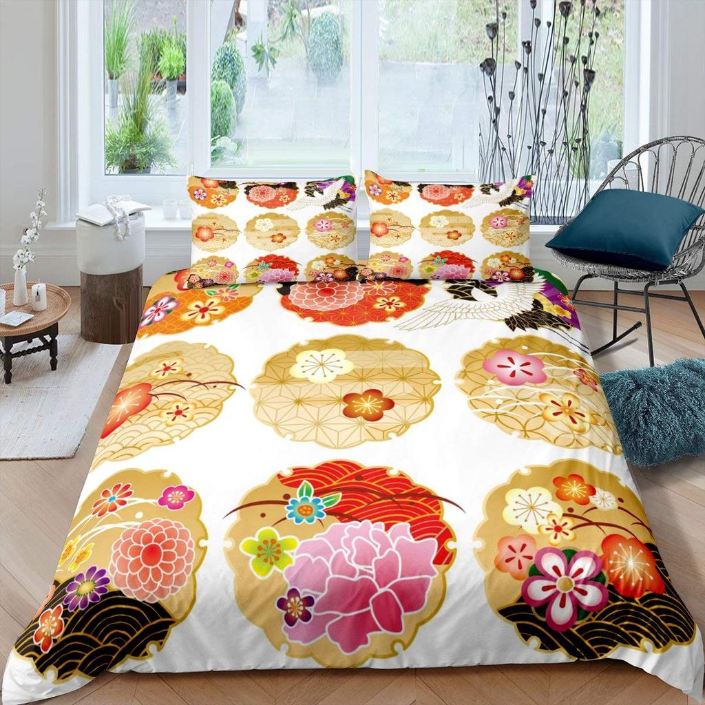 Japanese Style King Queen Duvet Cover Koi Fish Cherry Bedding Set Ukiyo-E Geisha Quilt Cover Sun Crane Polyester Comforter Cover