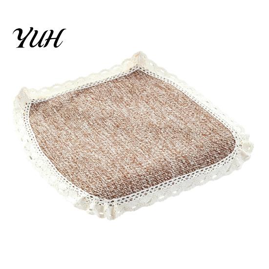 Minimalist Chair Mats for Study Cotton Linen Pad with Ties, Striped Plaid Mat French Pastoral Style Seat Pads Lace Trim, Breathable Dining Office